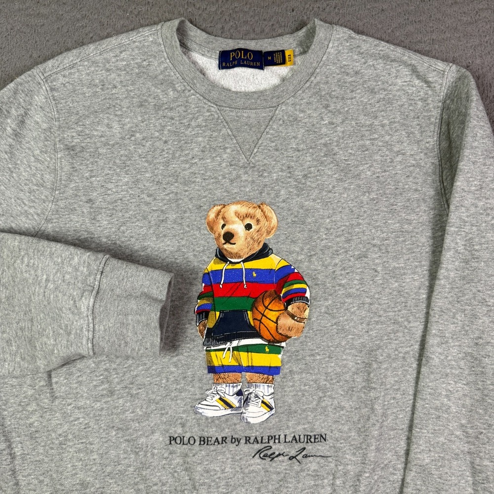 Polo Ralph Lauren Basketball Bear Sweatshirt Mens M Gray Double Knit Pullover